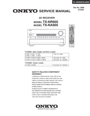 Onkyo tx nr905 service manual cover with an image of the device and its remote control, model type and code, manual issue date and service safety precaution notice