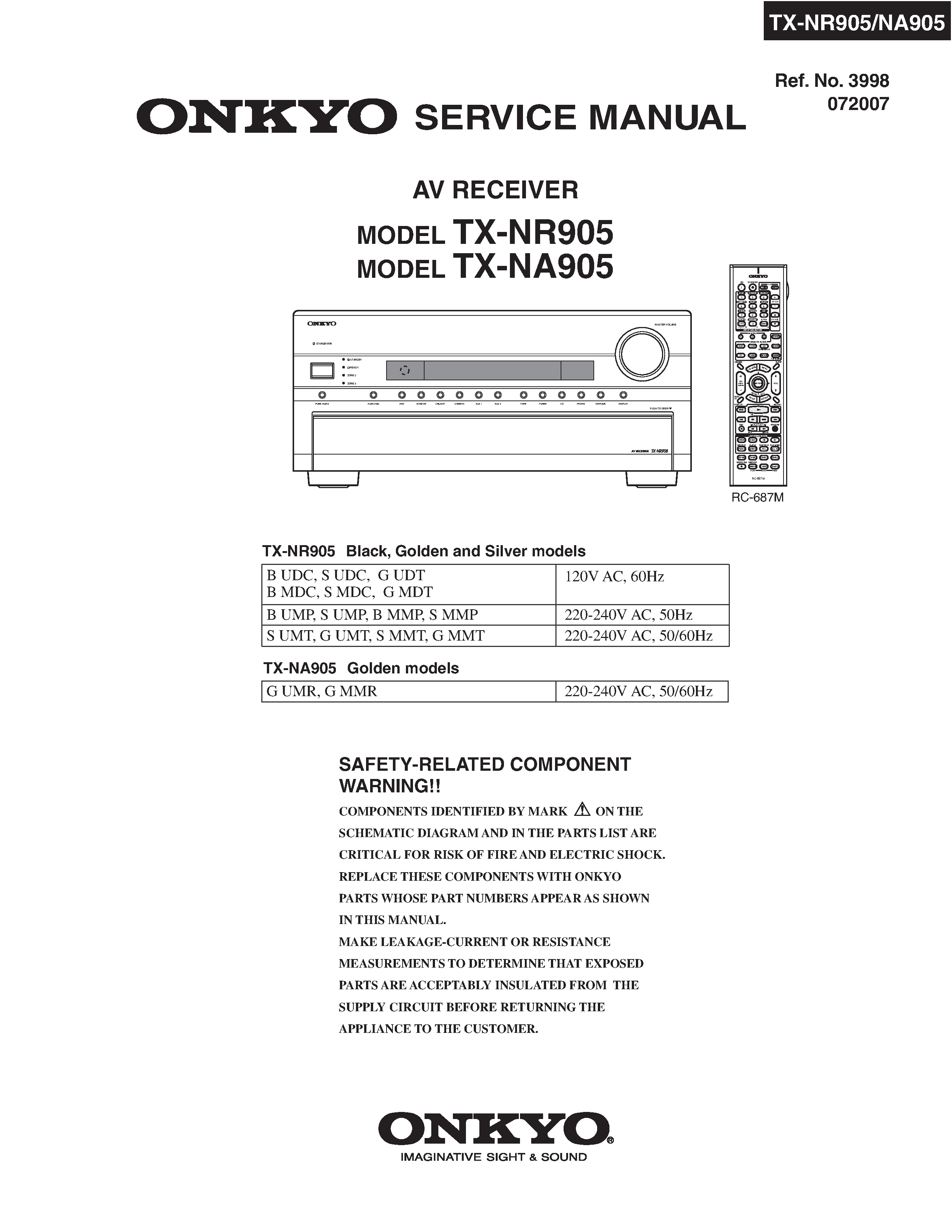 Onkyo tx nr905 service manual cover with an image of the device and its remote control, model type and code, manual issue date and service safety precaution notice