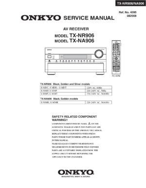 Onkyo tx nr906 na906 service manual cover with an image of the device and its remote control, model type and code, manual issue date and service safety precaution notice