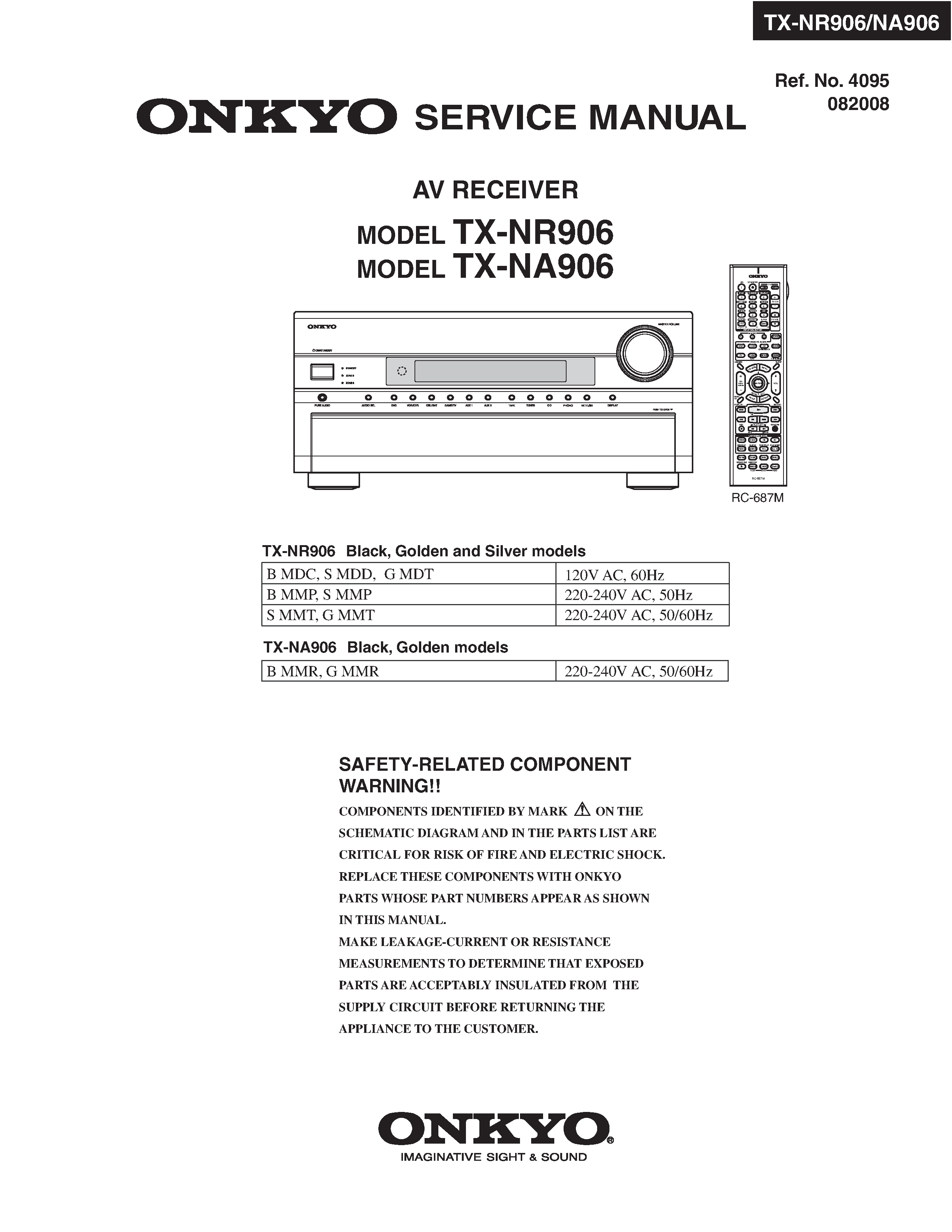 Onkyo tx nr906 na906 service manual cover with an image of the device and its remote control, model type and code, manual issue date and service safety precaution notice