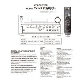 Onkyo tx nr929 service manual cover with an image of the device and its remote control, model type and code, manual issue date and service safety precaution notice