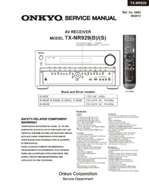 Onkyo tx nr929 service manual cover with an image of the device and its remote control, model type and code, manual issue date and service safety precaution notice