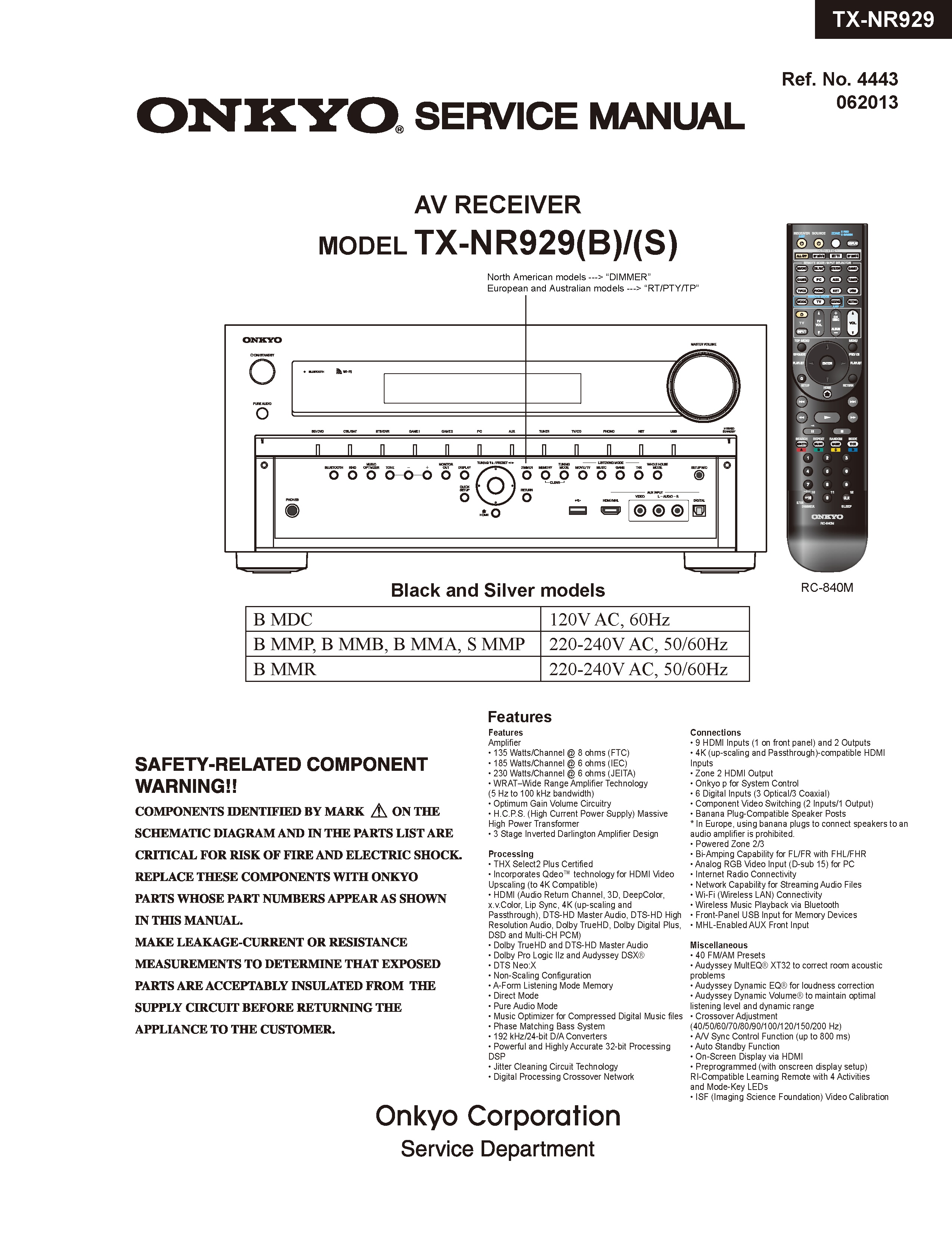 Onkyo tx nr929 service manual cover with an image of the device and its remote control, model type and code, manual issue date and service safety precaution notice