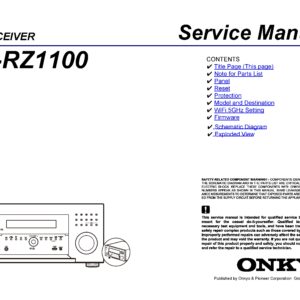 Onkyo tx rz1100 service manual cover with an image of the device and its remote control, model type and code, manual issue date and service safety precaution notice
