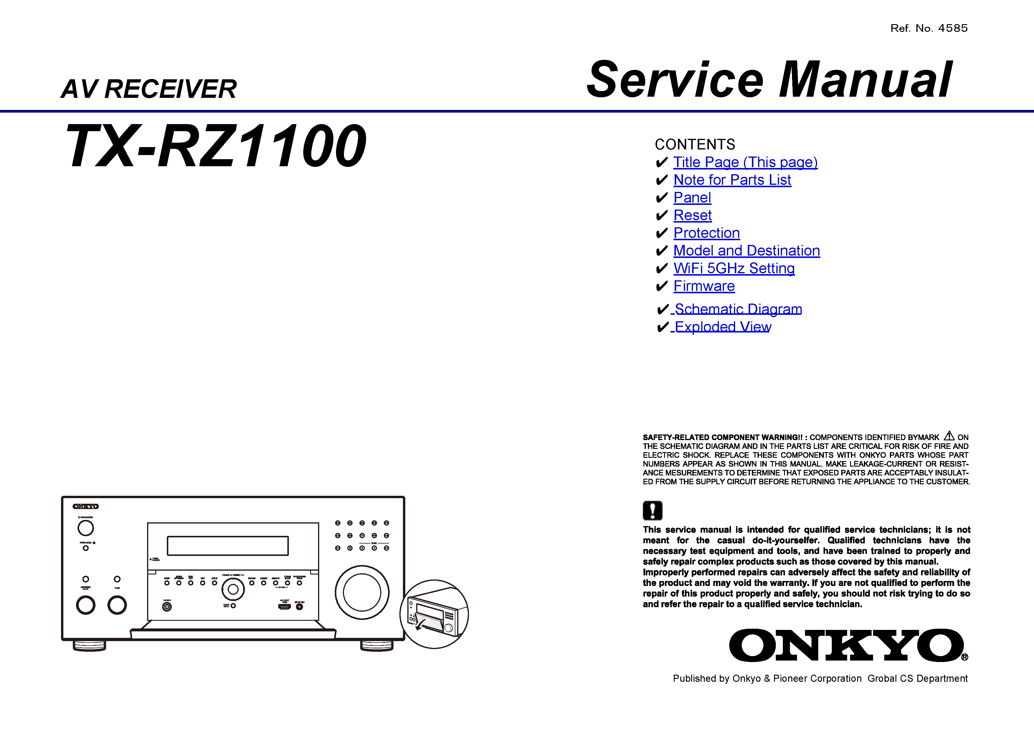 Onkyo tx rz1100 service manual cover with an image of the device and its remote control, model type and code, manual issue date and service safety precaution notice