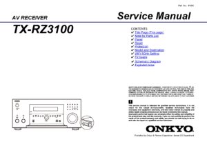 Onkyo tx rz3100 service manual cover with an image of the device and its remote control, model type and code, manual issue date and service safety precaution notice