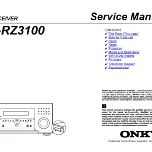 Onkyo tx rz3100 service manual cover with an image of the device and its remote control, model type and code, manual issue date and service safety precaution notice
