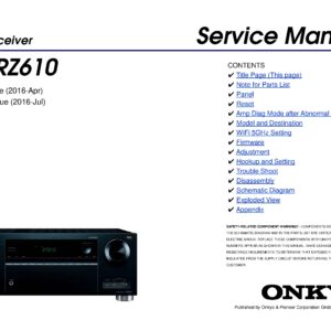 Onkyo tx rz610 service manual cover with an image of the device and its remote control, model type and code, manual issue date and service safety precaution notice