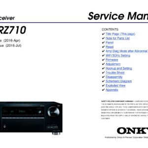 Onkyo tx rz710 service manual cover with an image of the device and its remote control, model type and code, manual issue date and service safety precaution notice