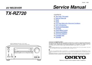 Onkyo tx rz720 service manual cover with an image of the device and its remote control, model type and code, manual issue date and service safety precaution notice