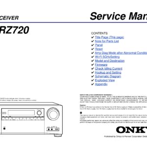Onkyo tx rz720 service manual cover with an image of the device and its remote control, model type and code, manual issue date and service safety precaution notice