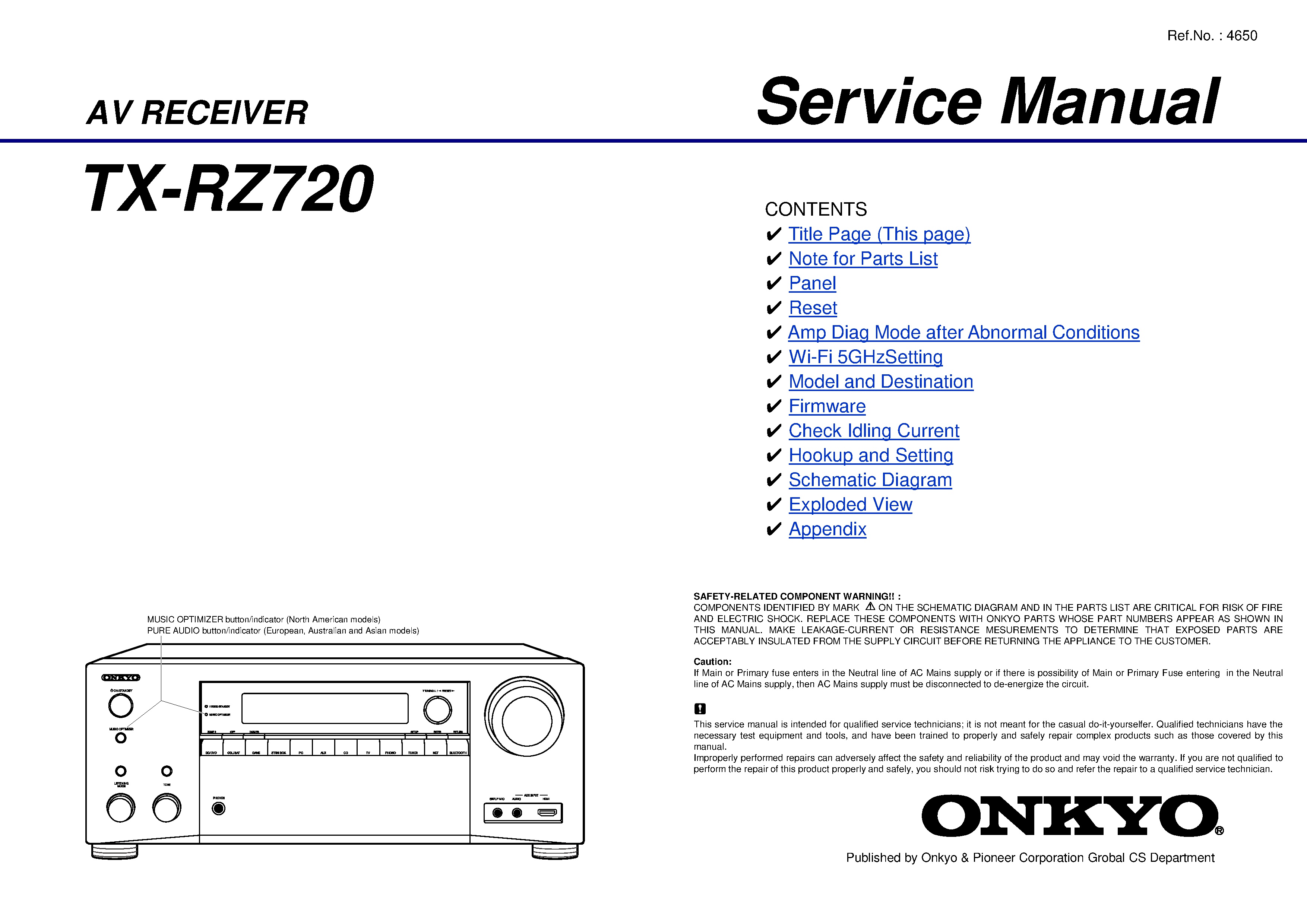 Onkyo tx rz720 service manual cover with an image of the device and its remote control, model type and code, manual issue date and service safety precaution notice