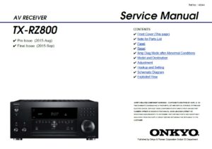 Onkyo tx rz800 service manual cover with an image of the device and its remote control, model type and code, manual issue date and service safety precaution notice