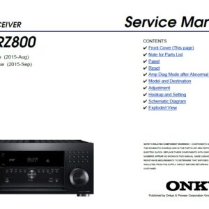 Onkyo tx rz800 service manual cover with an image of the device and its remote control, model type and code, manual issue date and service safety precaution notice