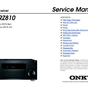 Onkyo tx rz810 service manual cover with an image of the device and its remote control, model type and code, manual issue date and service safety precaution notice