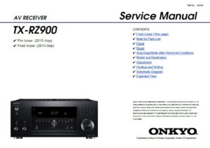 Onkyo tx rz900 service manual cover with an image of the device and its remote control, model type and code, manual issue date and service safety precaution notice
