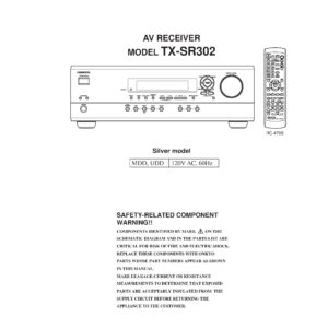 Onkyo tx sr302 service manual cover with an image of the device and its remote control, model type and code, manual issue date and service safety precaution notice