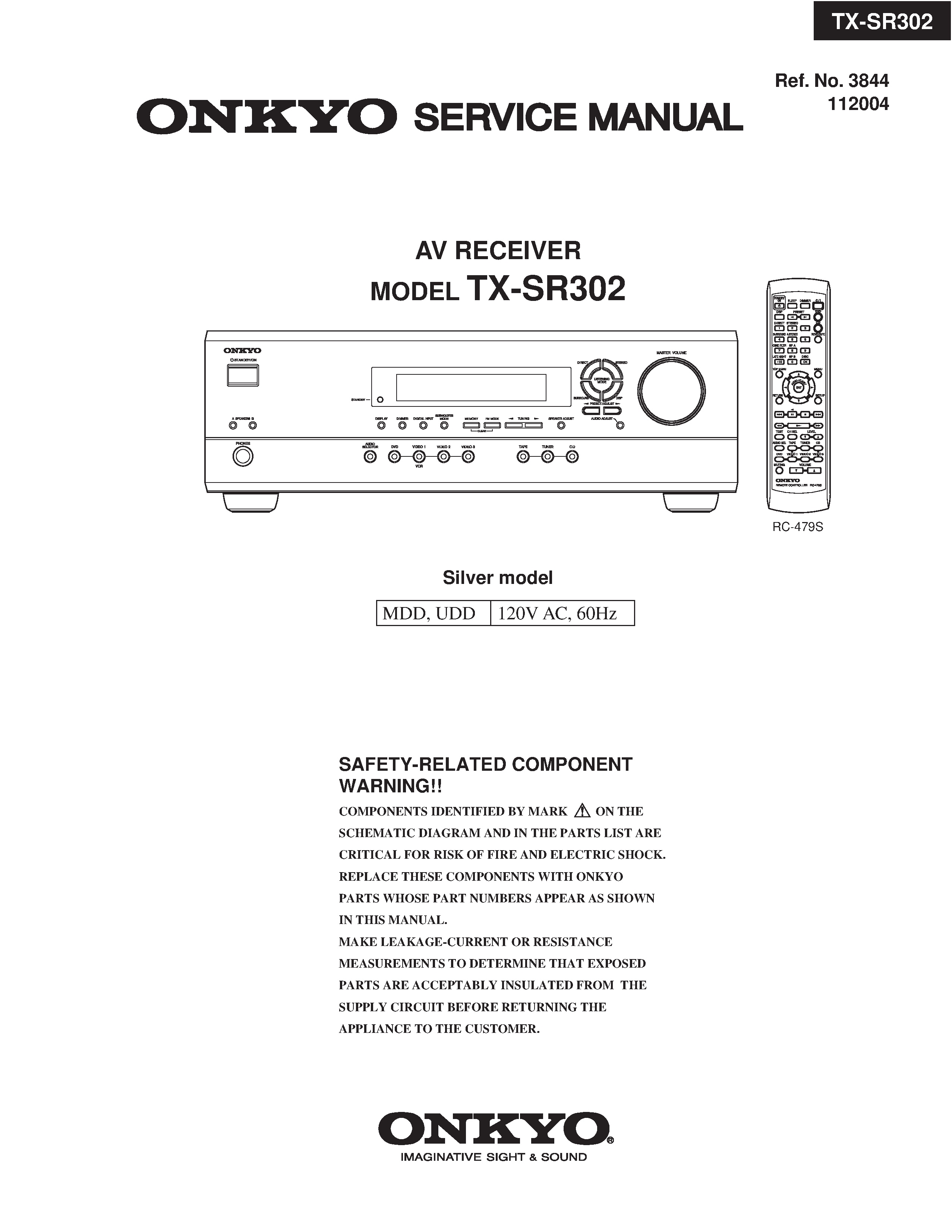 Onkyo tx sr302 service manual cover with an image of the device and its remote control, model type and code, manual issue date and service safety precaution notice