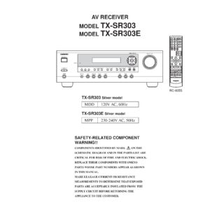 Onkyo tx sr303 service manual cover with an image of the device and its remote control, model type and code, manual issue date and service safety precaution notice