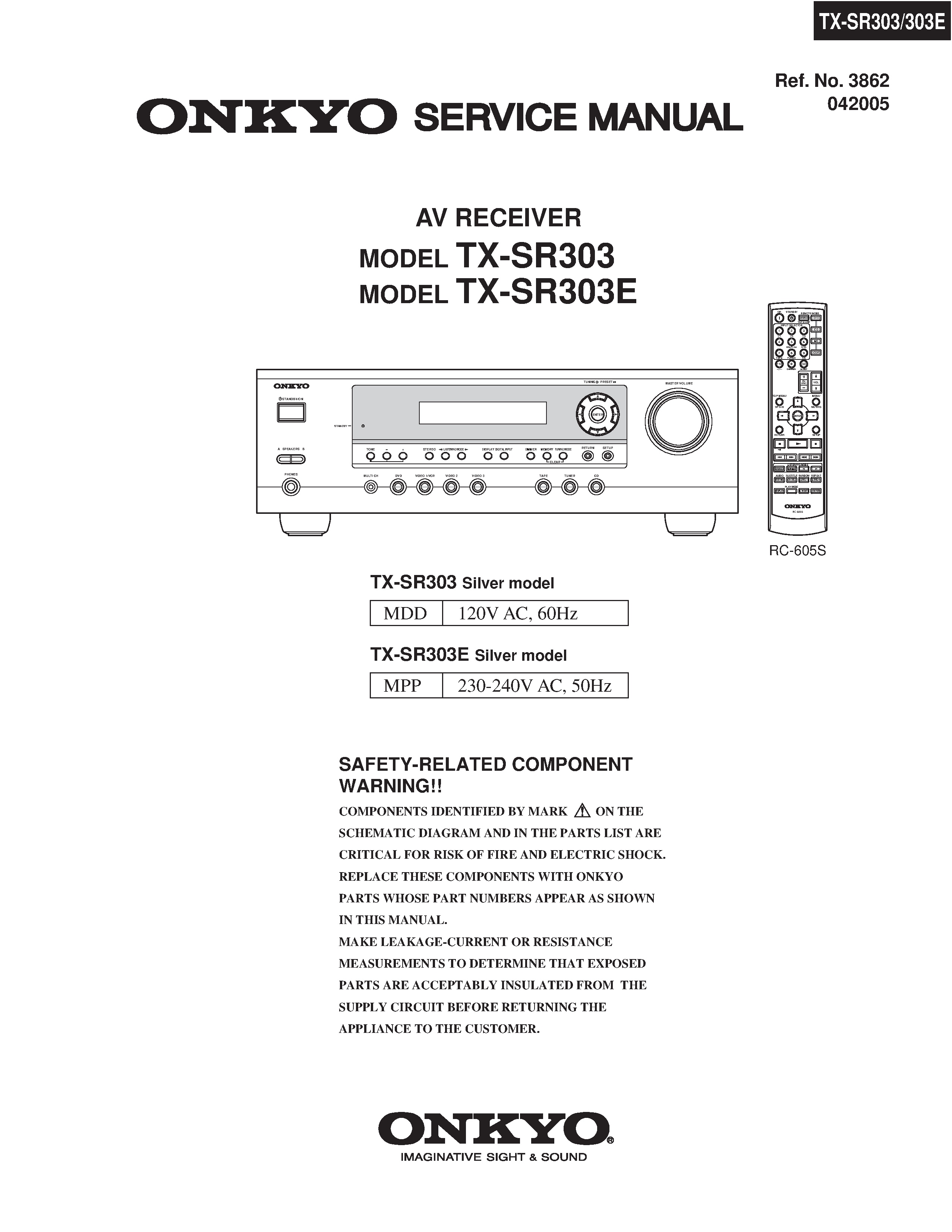 Onkyo tx sr303 service manual cover with an image of the device and its remote control, model type and code, manual issue date and service safety precaution notice