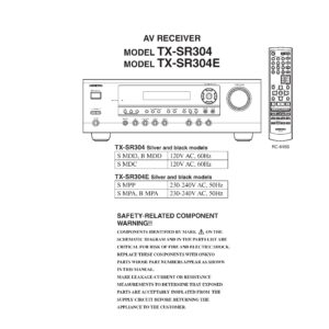 Onkyo tx sr304 sr304e service manual cover with an image of the device and its remote control, model type and code, manual issue date and service safety precaution notice