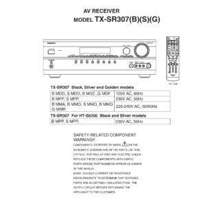 Onkyo tx sr307 service manual cover with an image of the device and its remote control, model type and code, manual issue date and service safety precaution notice