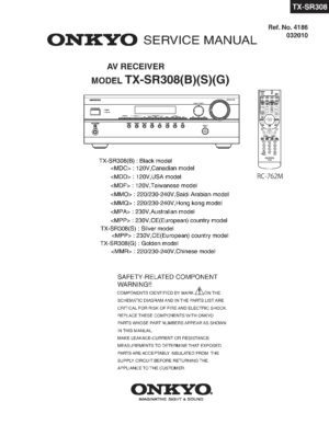 Onkyo tx sr308 service manual cover with an image of the device and its remote control, model type and code, manual issue date and service safety precaution notice