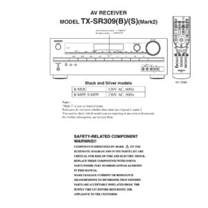 Onkyo tx sr309 (mark2) service manual cover with an image of the device and its remote control, model type and code, manual issue date and service safety precaution notice