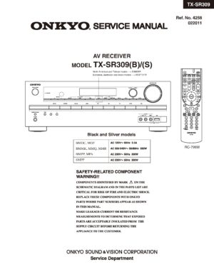 Onkyo tx sr309 sr309 (mark2) service manual cover with an image of the device and its remote control, model type and code, manual issue date and service safety precaution notice