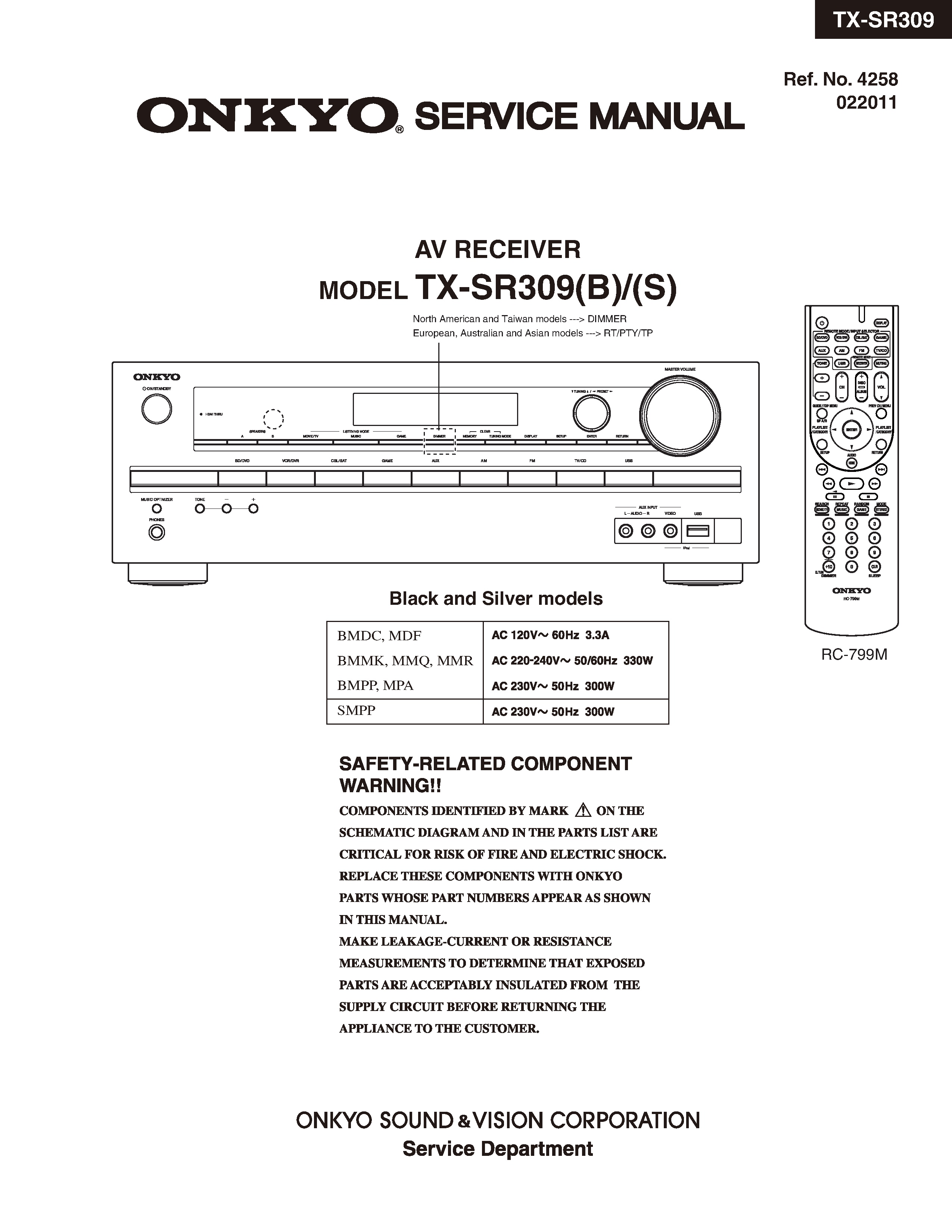 Onkyo tx sr309 sr309 (mark2) service manual cover with an image of the device and its remote control, model type and code, manual issue date and service safety precaution notice
