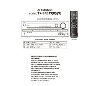 Onkyo tx sr313 service manual cover with an image of the device and its remote control, model type and code, manual issue date and service safety precaution notice