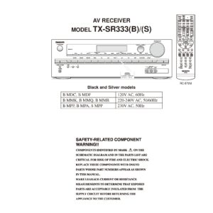 Onkyo tx sr333 service manual cover with an image of the device and its remote control, model type and code, manual issue date and service safety precaution notice