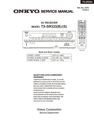 Onkyo tx sr333 service manual cover with an image of the device and its remote control, model type and code, manual issue date and service safety precaution notice