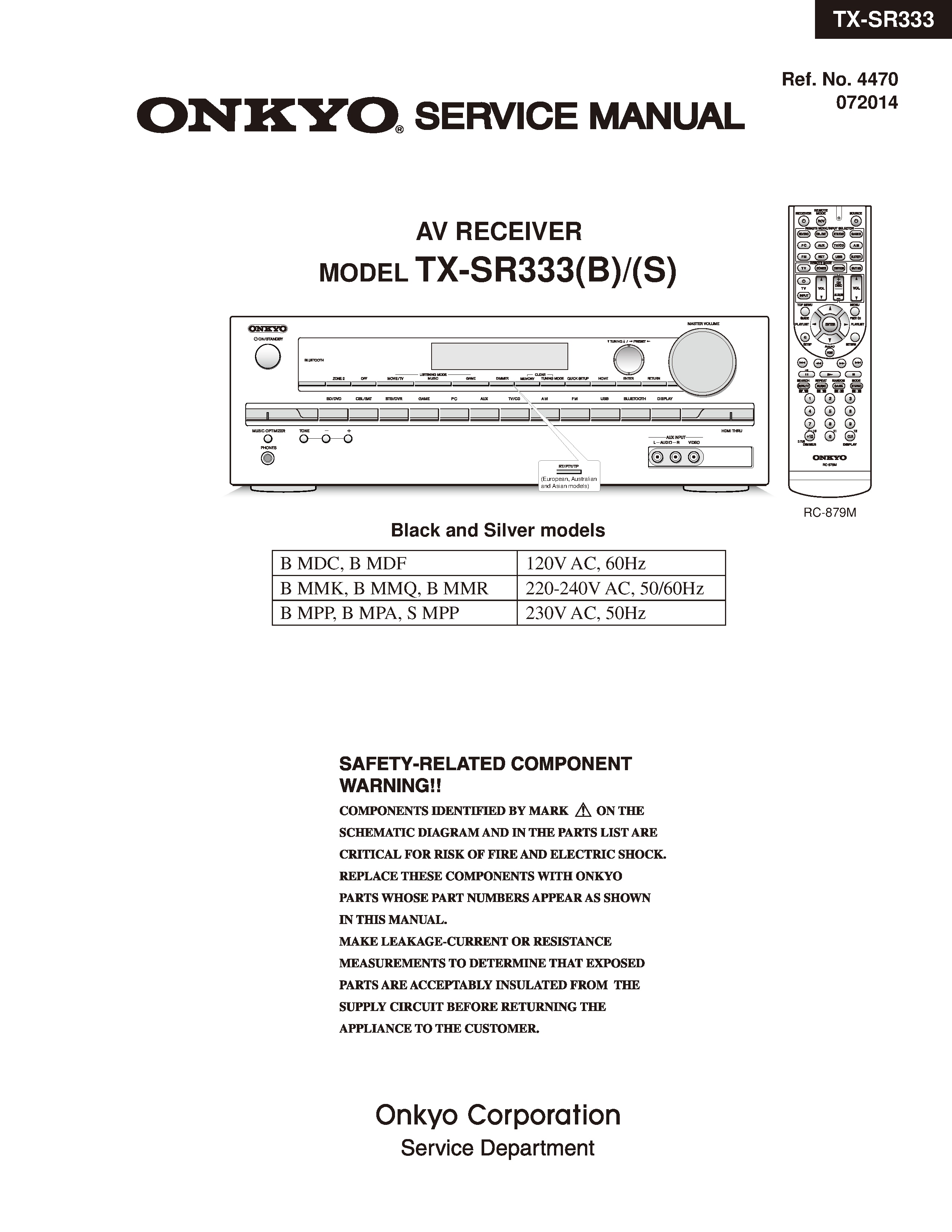 Onkyo tx sr333 service manual cover with an image of the device and its remote control, model type and code, manual issue date and service safety precaution notice