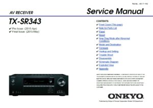 Onkyo tx sr343 service manual cover with an image of the device and its remote control, model type and code, manual issue date and service safety precaution notice