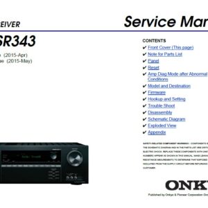 Onkyo tx sr343 service manual cover with an image of the device and its remote control, model type and code, manual issue date and service safety precaution notice
