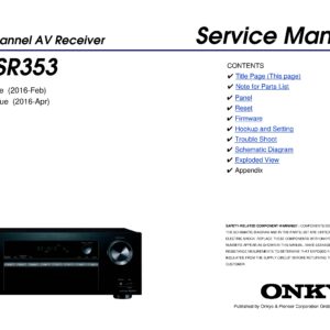 Onkyo tx sr353 service manual cover with an image of the device and its remote control, model type and code, manual issue date and service safety precaution notice