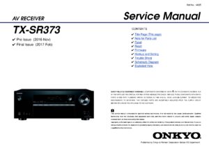 Onkyo tx sr373 service manual cover with an image of the device and its remote control, model type and code, manual issue date and service safety precaution notice
