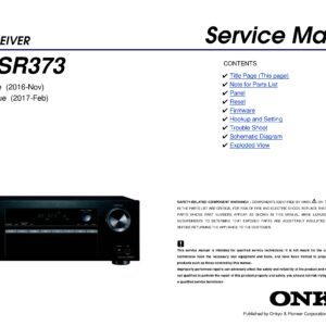 Onkyo tx sr373 service manual cover with an image of the device and its remote control, model type and code, manual issue date and service safety precaution notice
