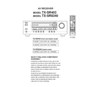 Onkyo tx sr403 service manual cover with an image of the device and its remote control, model type and code, manual issue date and service safety precaution notice