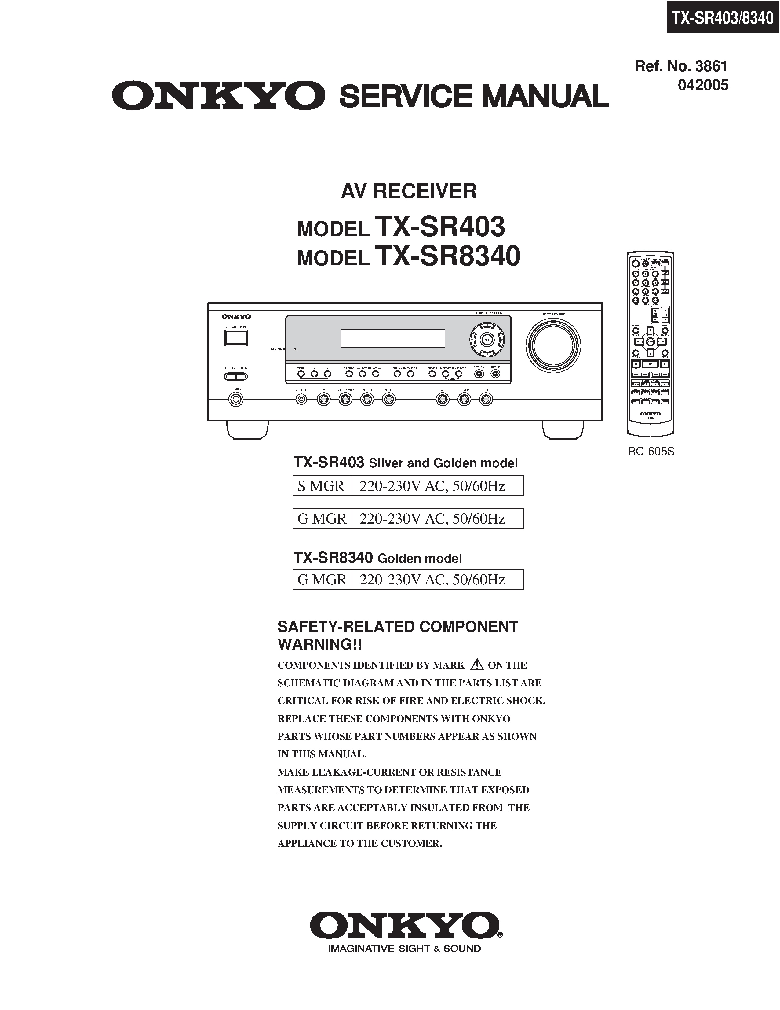 Onkyo tx sr403 service manual cover with an image of the device and its remote control, model type and code, manual issue date and service safety precaution notice