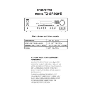 Onkyo tx sr500 service manual cover with an image of the device and its remote control, model type and code, manual issue date and service safety precaution notice