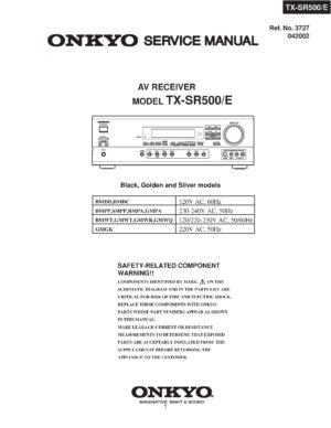 Onkyo tx sr500 service manual cover with an image of the device and its remote control, model type and code, manual issue date and service safety precaution notice