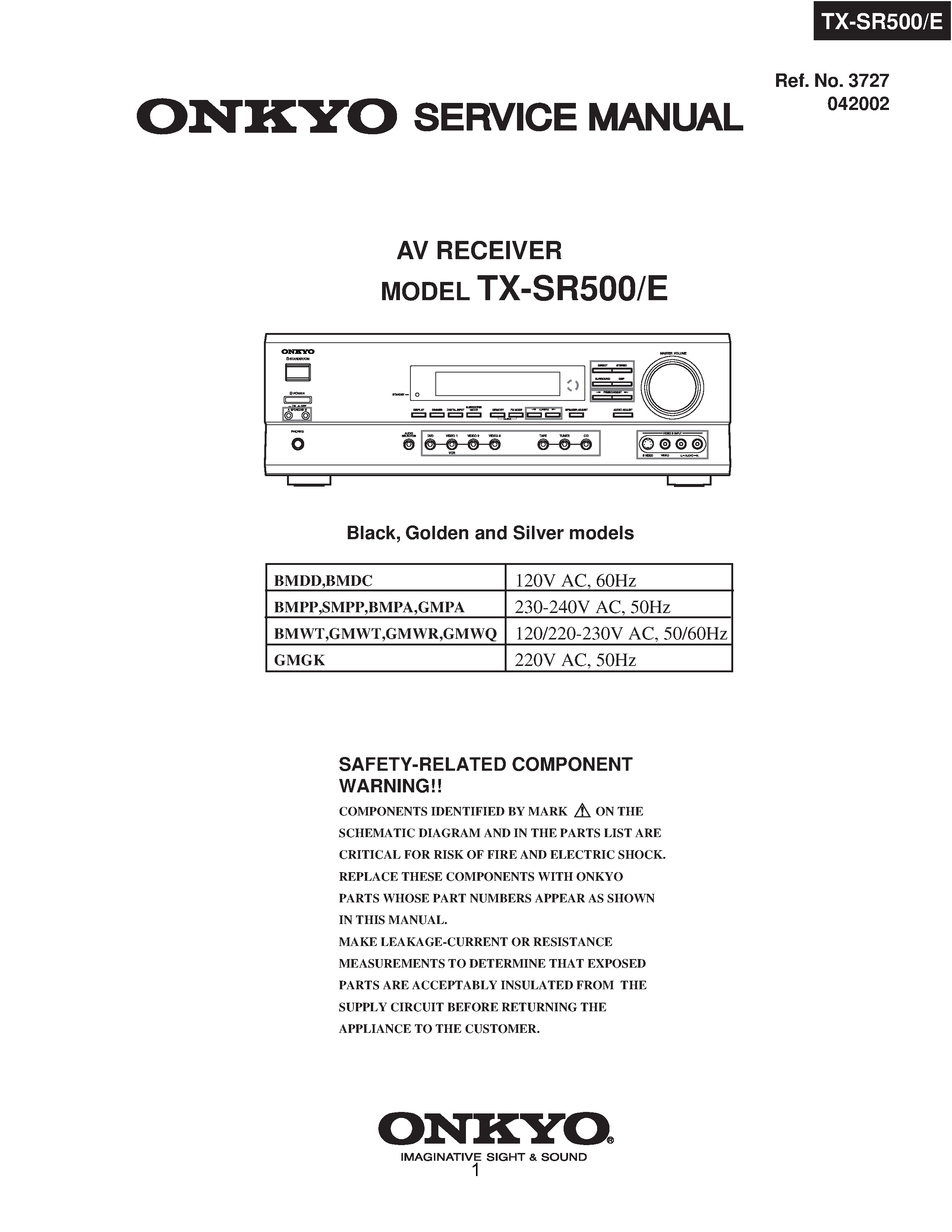 Onkyo tx sr500 service manual cover with an image of the device and its remote control, model type and code, manual issue date and service safety precaution notice