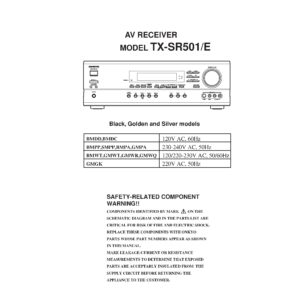 Onkyo tx sr501 service manual cover with an image of the device and its remote control, model type and code, manual issue date and service safety precaution notice