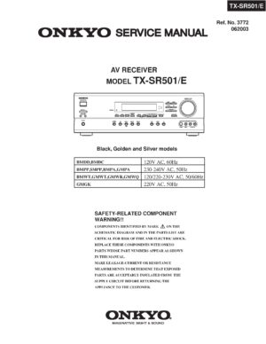 Onkyo tx sr501 service manual cover with an image of the device and its remote control, model type and code, manual issue date and service safety precaution notice