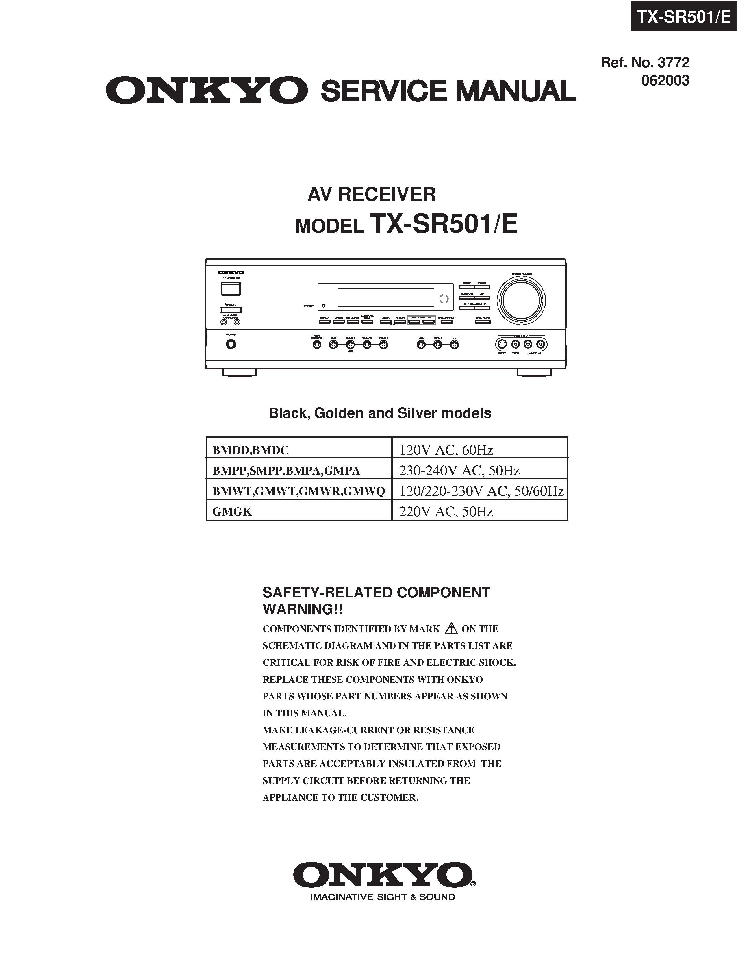 Onkyo tx sr501 service manual cover with an image of the device and its remote control, model type and code, manual issue date and service safety precaution notice