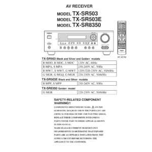 Onkyo tx sr503 service manual cover with an image of the device and its remote control, model type and code, manual issue date and service safety precaution notice