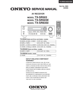 Onkyo tx sr503 service manual cover with an image of the device and its remote control, model type and code, manual issue date and service safety precaution notice