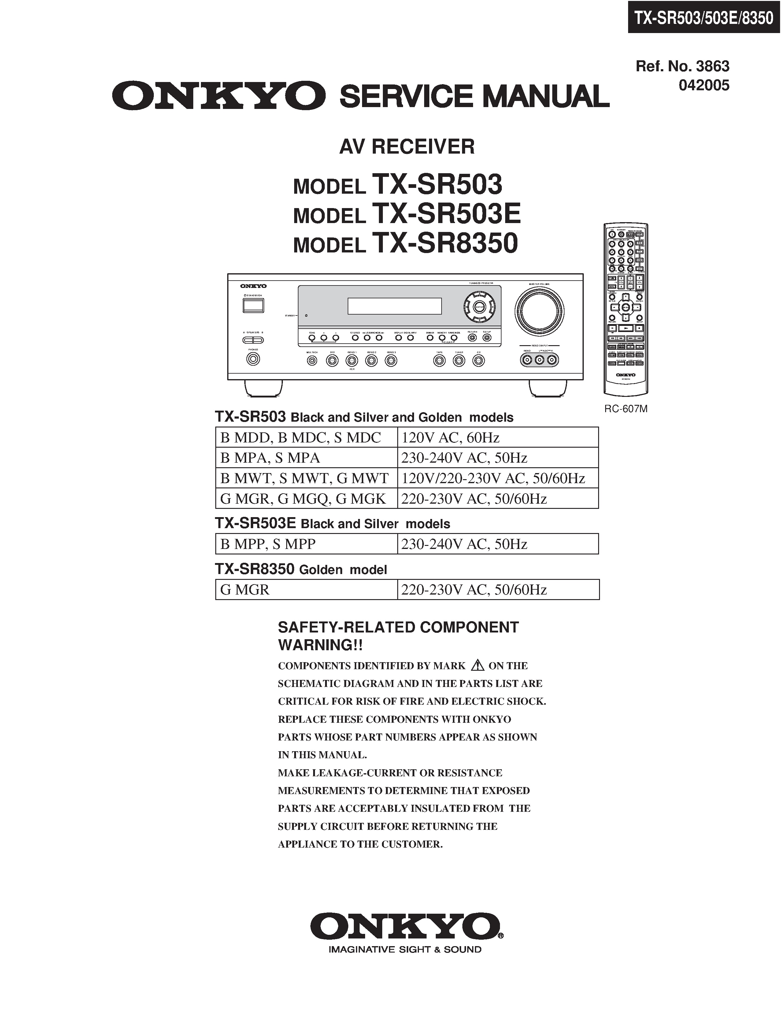 Onkyo tx sr503 service manual cover with an image of the device and its remote control, model type and code, manual issue date and service safety precaution notice